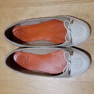 Tory Burch Beige Canvas White Leather Flats